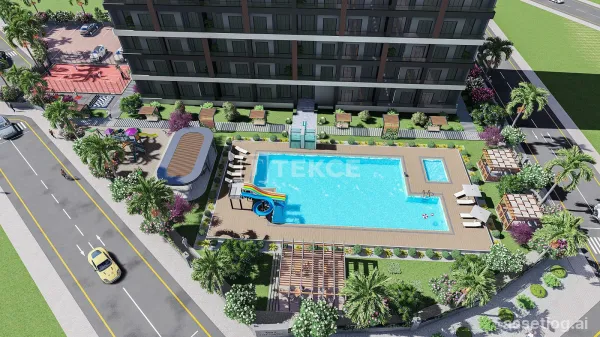 New Apartments in Mersin with a Pool and Modern Landscaping